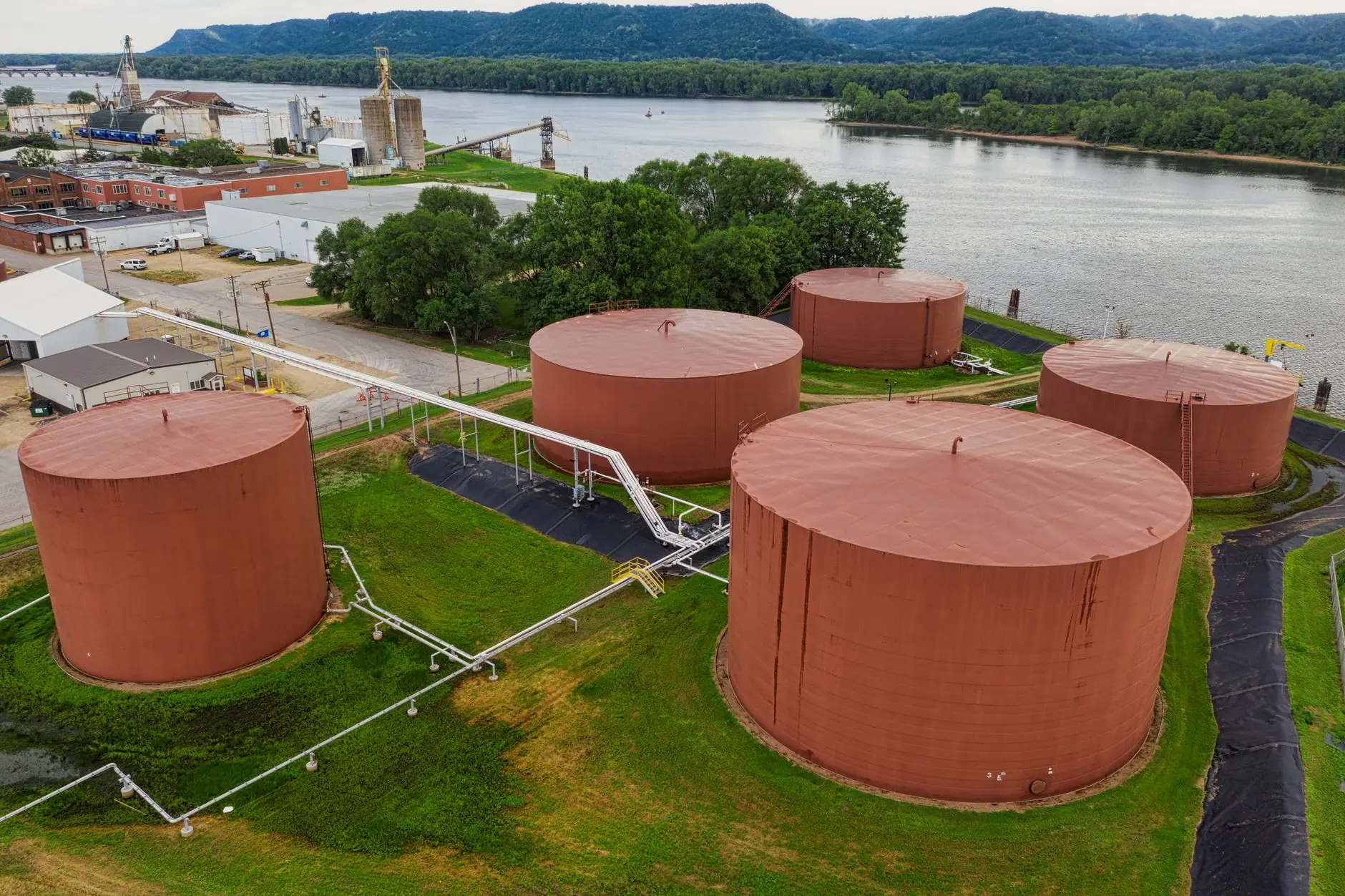 Fuel storage tanks at a riverside depot